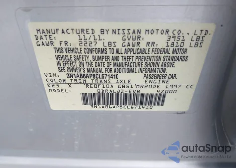 2012 Nissan Sentra 2.0 z USA, uszkodzony, nr VIN 3N1AB6AP8CL671410